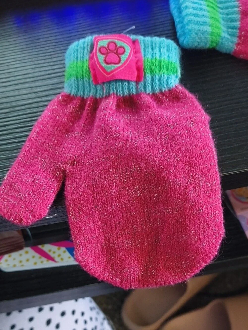 Girls' Paw Patrol Pink & Teal Striped Beanie + Mittens Set